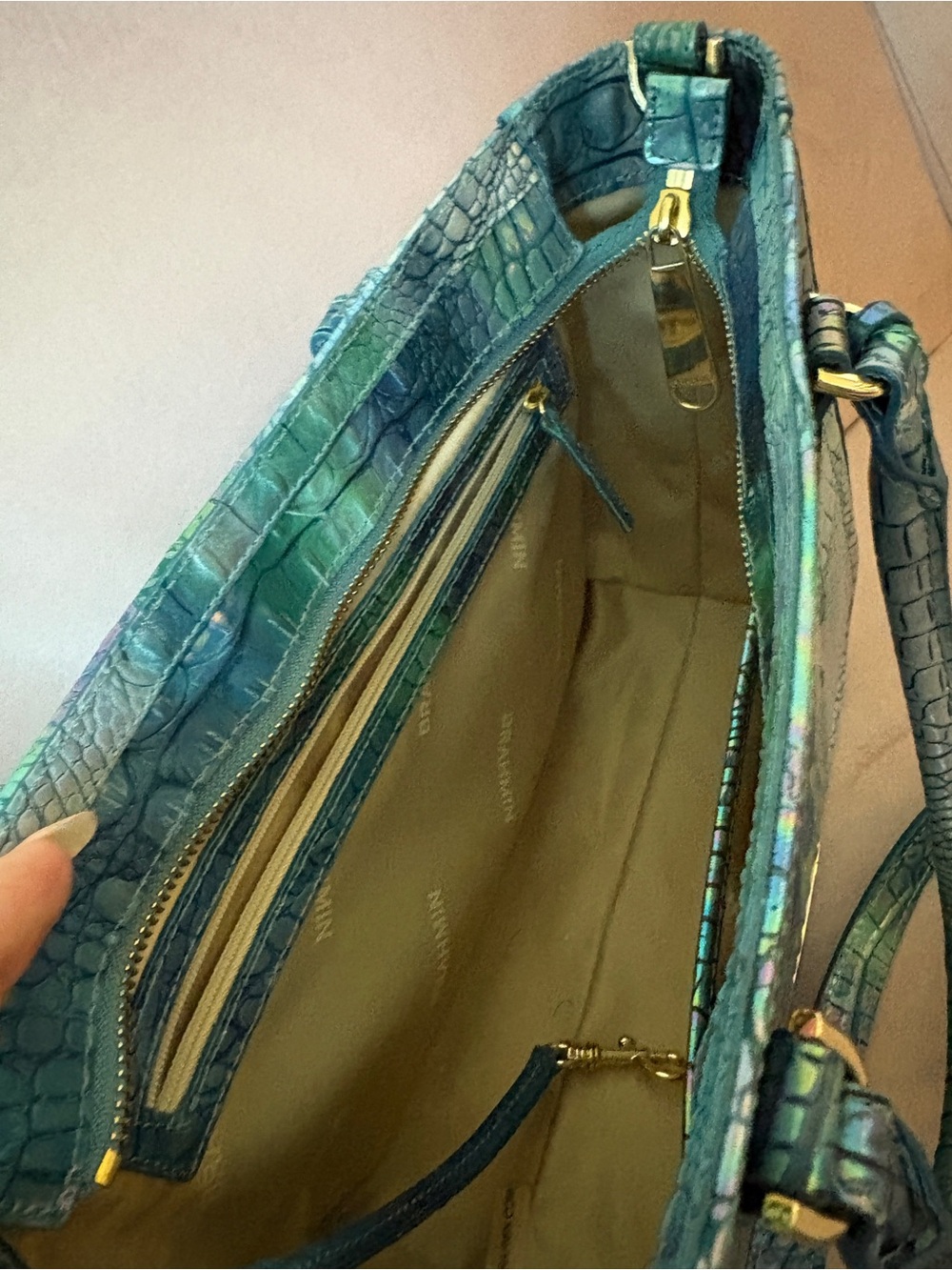 Brahmin Iridescent Teal Croc-Embossed Shoulder Bag - Picture 4 of 4